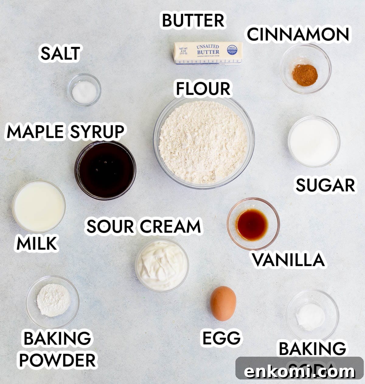 Ingredients in Maple Muffins on a gray background. 