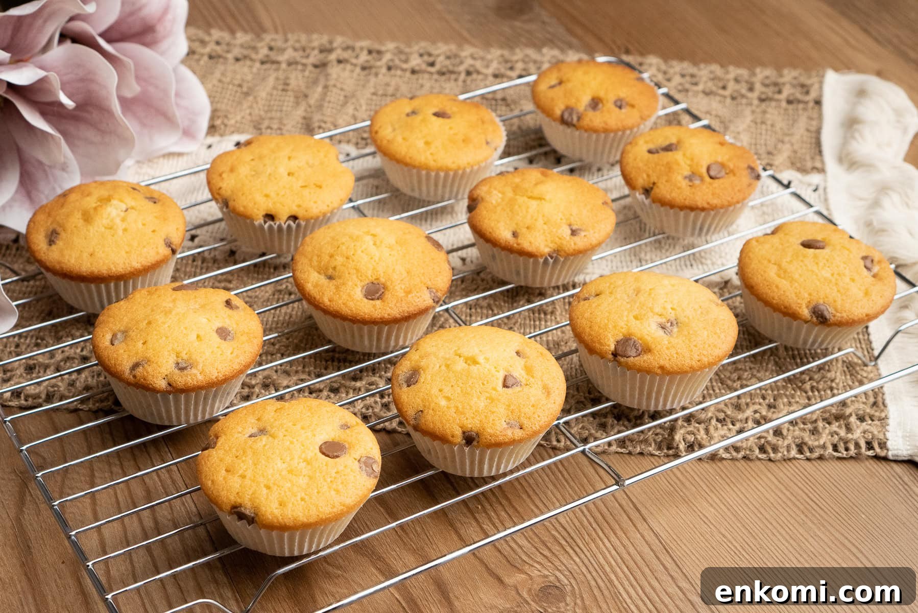 chocolate chip cupcakes cooling on wire rack with flowers in the background