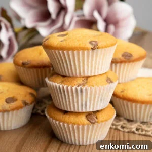 Chocolate Chip Cupcakes stacked on top of each other for a British afternoon tea treat.