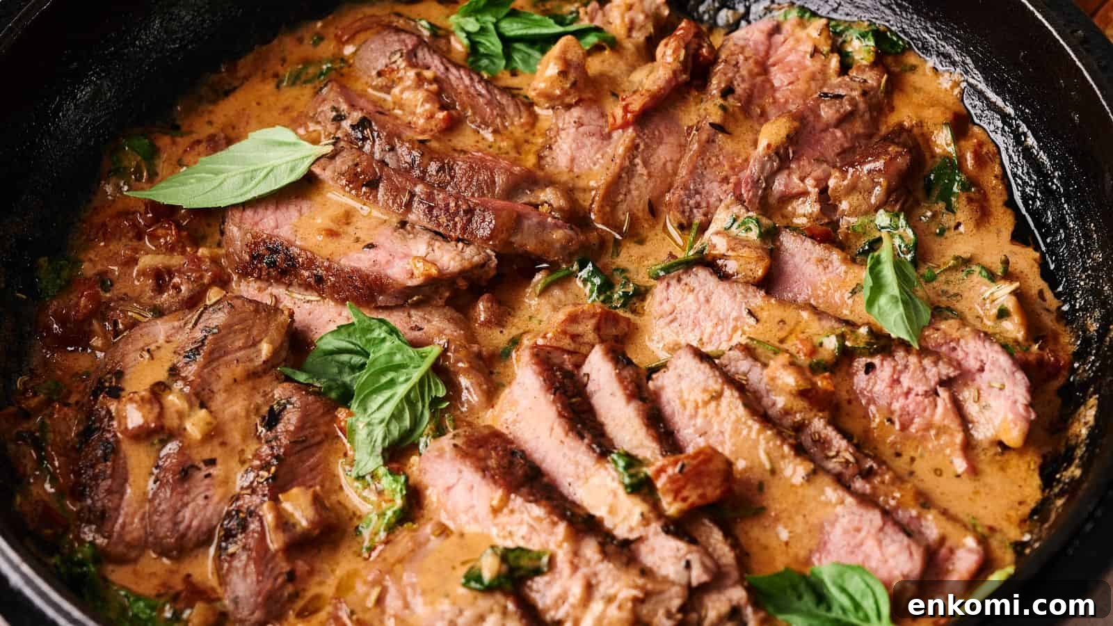 31 Spring Dinners That Feel Fresh, Not Fussy 11 Slices of steak arranged in a creamy sauce with herbs and garnished with fresh basil leaves in a black skillet.