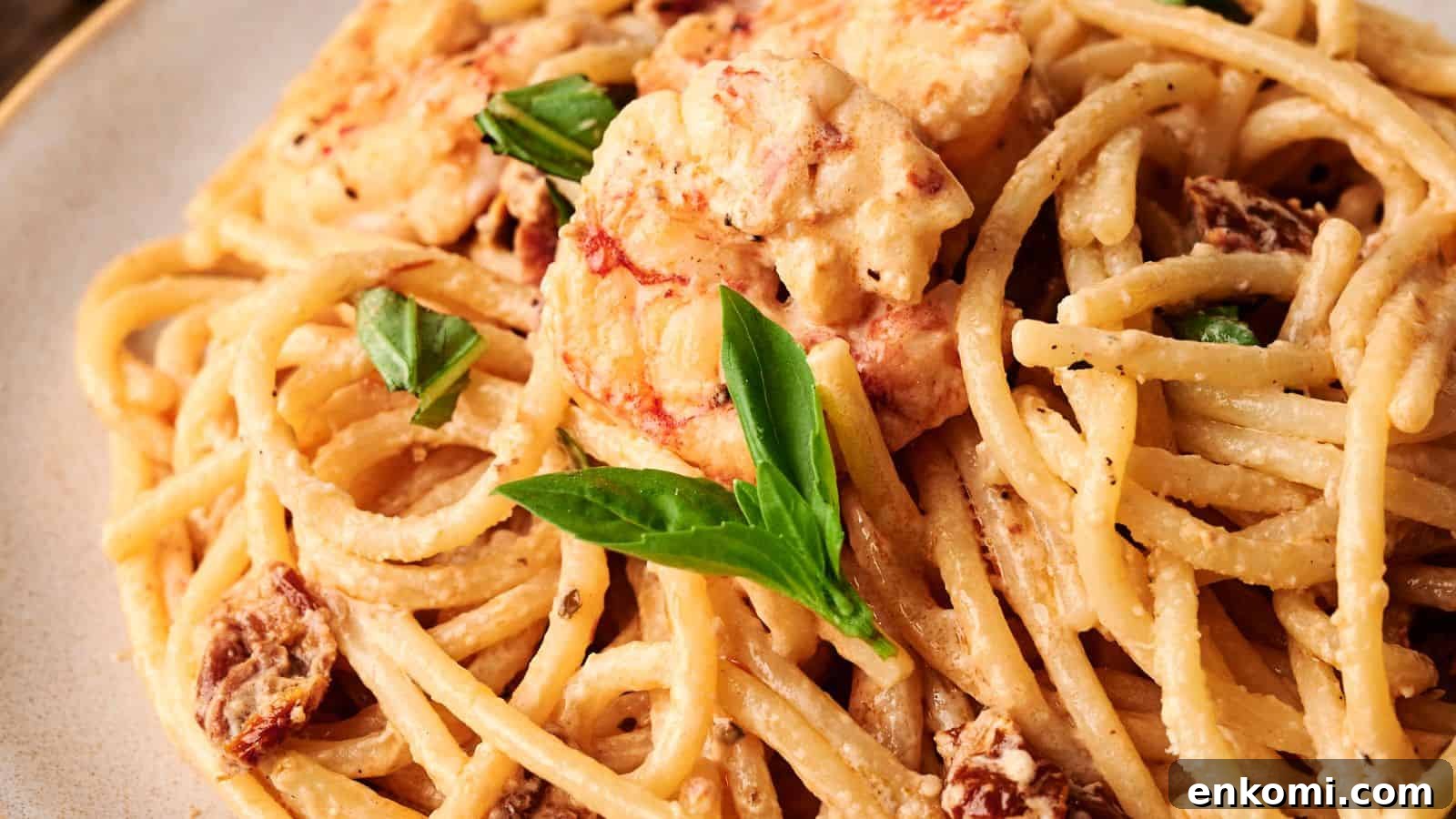 31 Spring Dinners That Feel Fresh, Not Fussy 17 A plate of creamy spaghetti with shrimp, sun-dried tomatoes, and fresh basil leaves.