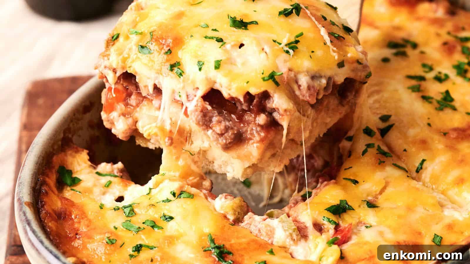 31 Spring Dinners That Feel Fresh, Not Fussy 28 A slice of cheesy lasagna being lifted from a baking dish, topped with melted cheese and parsley.