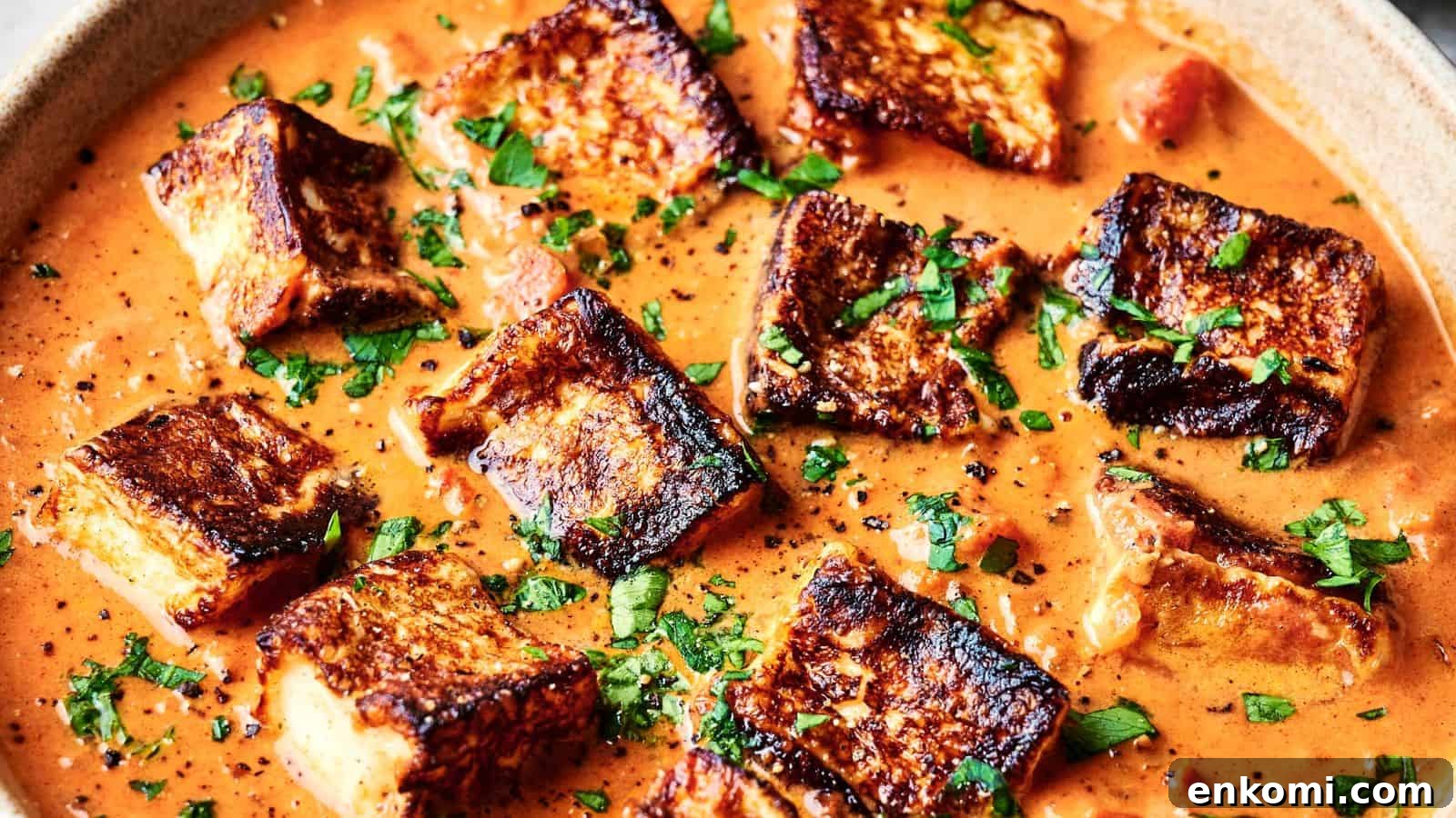 31 Spring Dinners That Feel Fresh, Not Fussy 30 A dish of grilled paneer cubes in a rich, orange curry sauce, garnished with chopped cilantro, served in a shallow bowl.