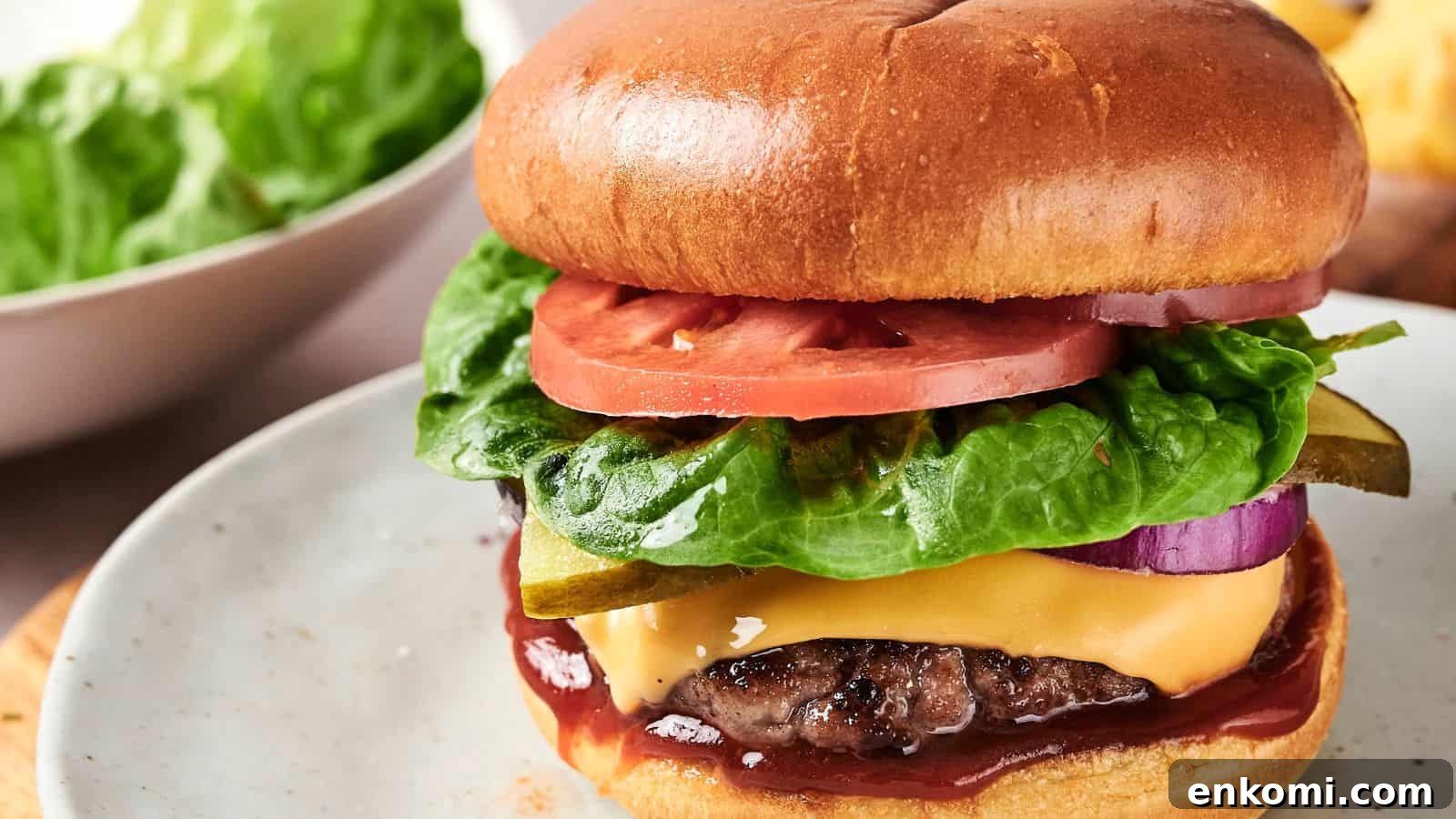 31 Spring Dinners That Feel Fresh, Not Fussy 5 A cheeseburger with lettuce, tomato, pickles, onion, and ketchup on a plate. A bowl of lettuce is in the background.