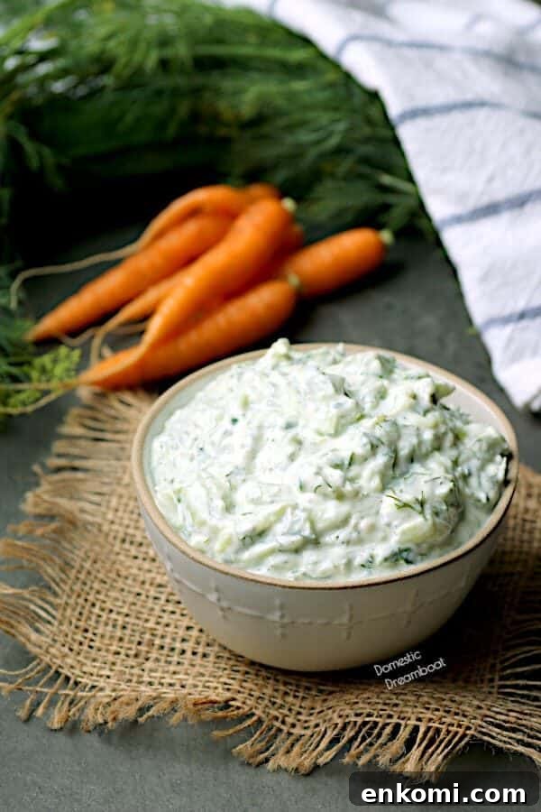Tzatziki dip in a white bowl