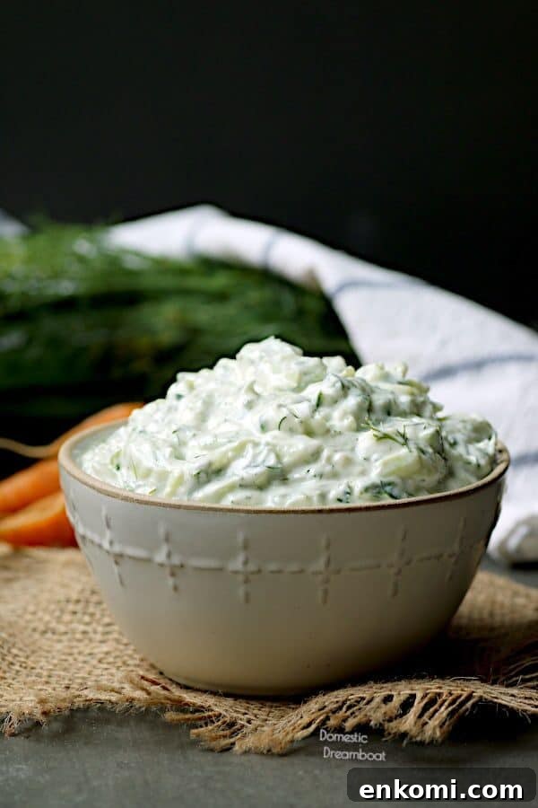 Tzatziki dip in a white bowl