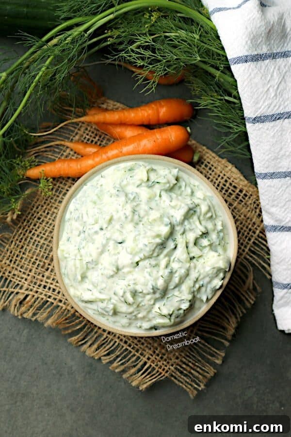 Overhead photo of tzatziki dip in a bowl