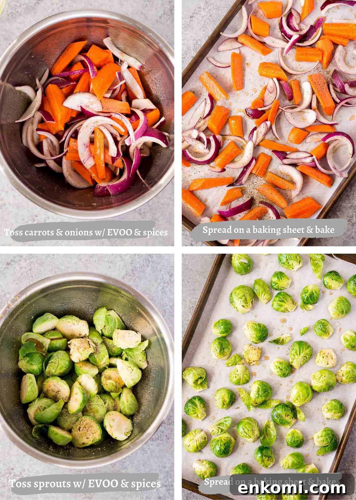 Crispy Roasted Brussels Sprouts and Carrots 5 process images of roasting vegetables in the oven