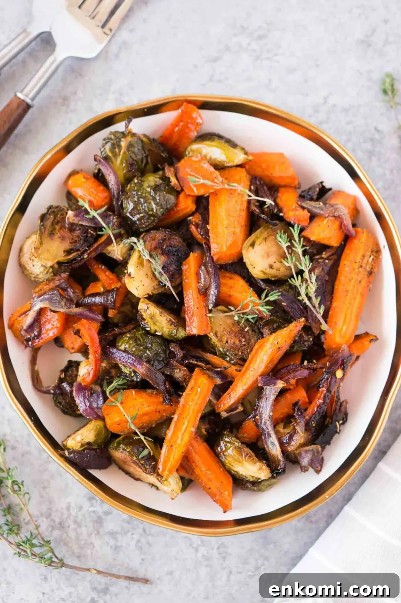 roasted Brussels spouts and carrots in a bowl