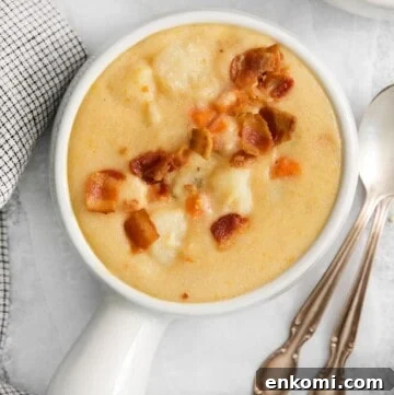 A close-up photo of dairy-free potato soup