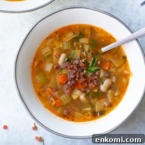 overhead shot of soup in white and gray bowl