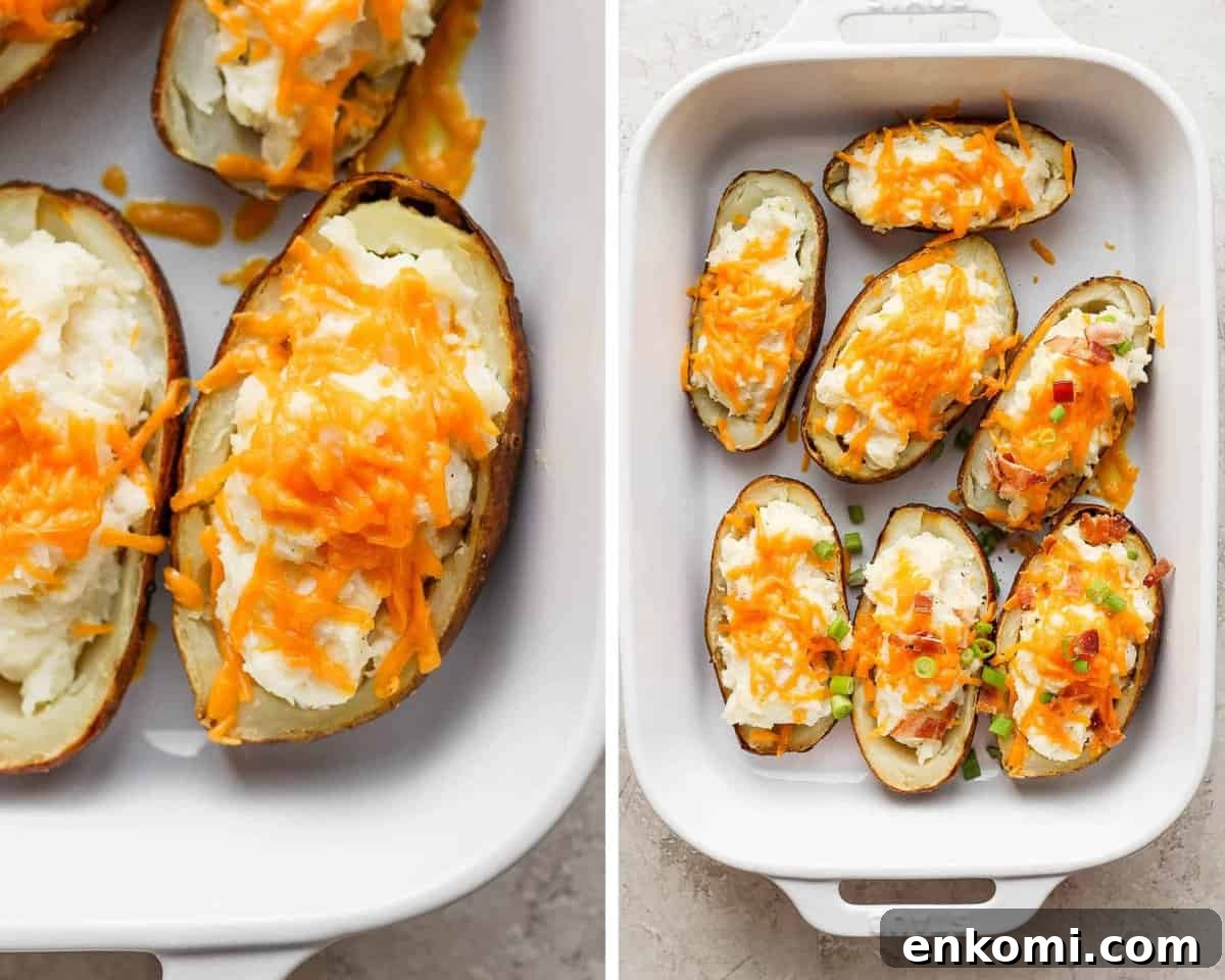 Twice-Baked Potatoes with Cheddar and Crispy Bacon 7 Two images showing twice baked potatoes after baking with cheese on top and with some toppings added.