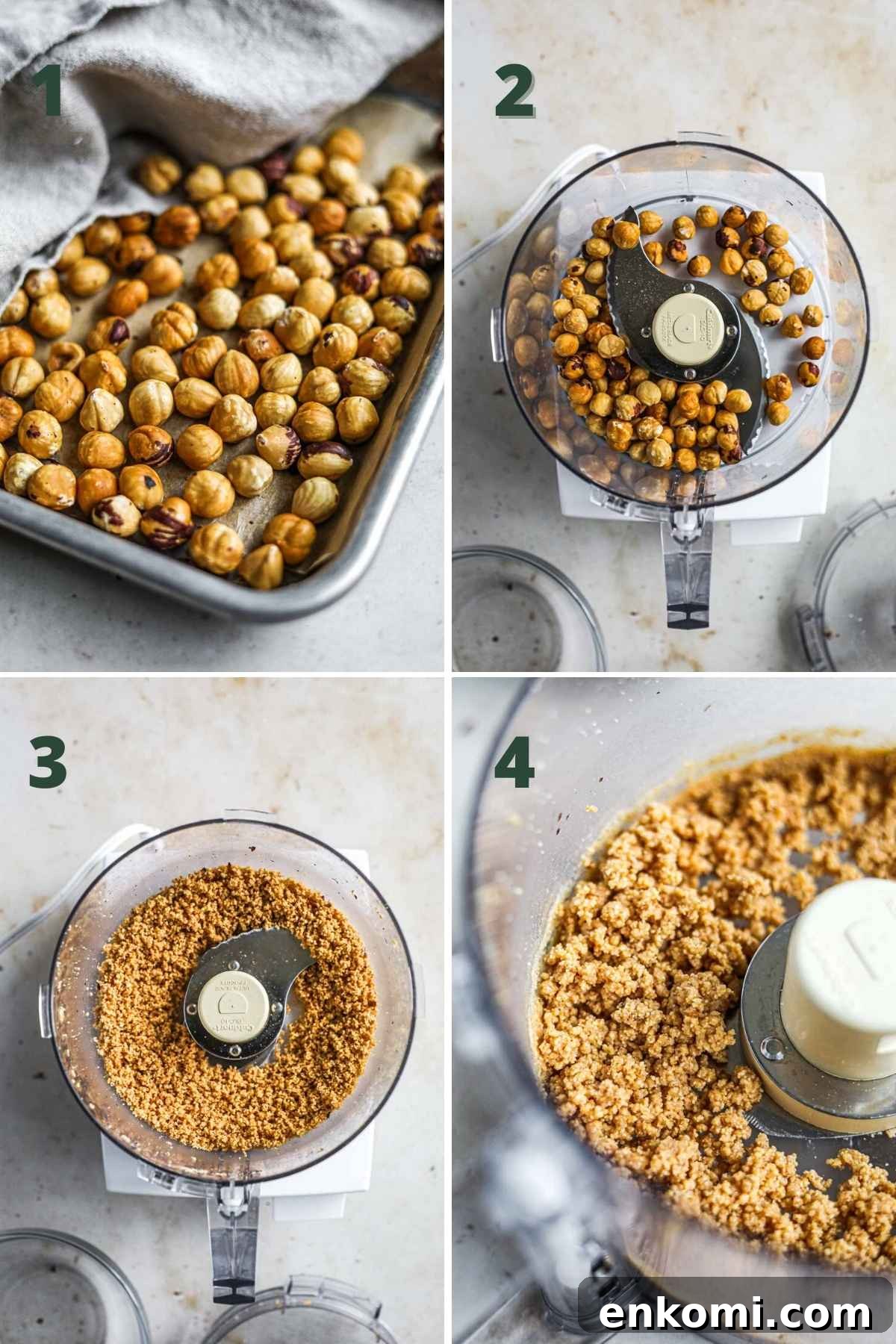Homemade Hazelnut Flour: Step-by-Step Guide 4 Steps to make hazelnut flour/meal, including toasting the hazelnuts, placing the nuts in the food processor, pulsing until it forms a meal, then using for baking.