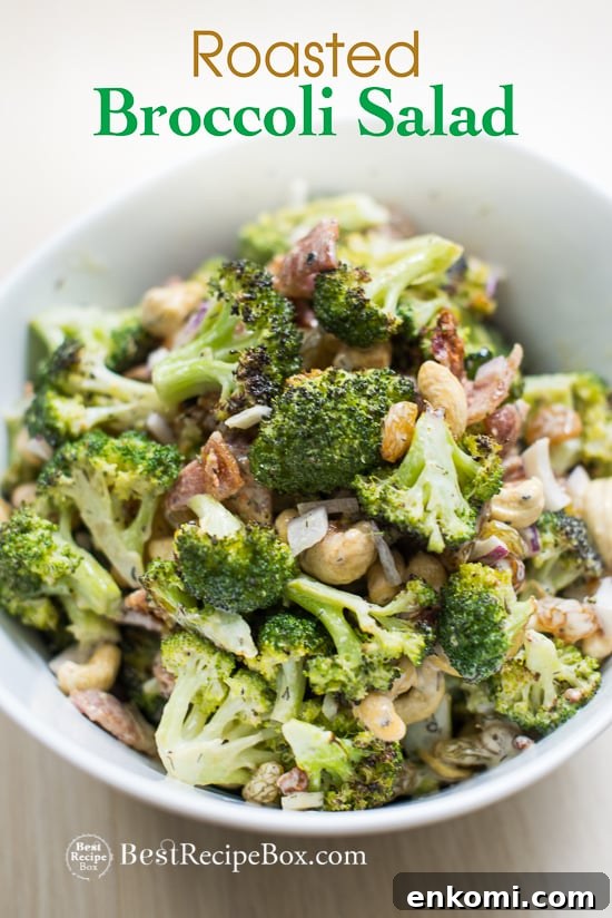 Roasted Broccoli Salad Recipe with Bacon, Nuts and Dried Fruit in a bowl 