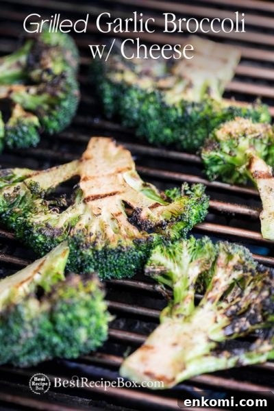 Grilled Broccoli Recipe or BBQ Broccoli Recipe with Cheddar Cheese on a grill 