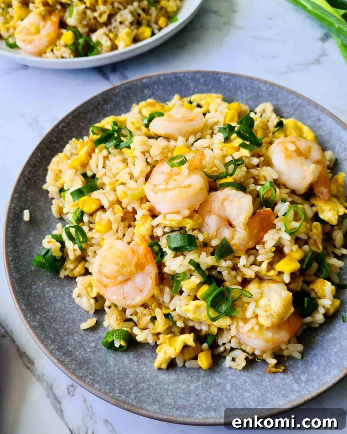 Side view of a plate of prawn/shrimp fried rice