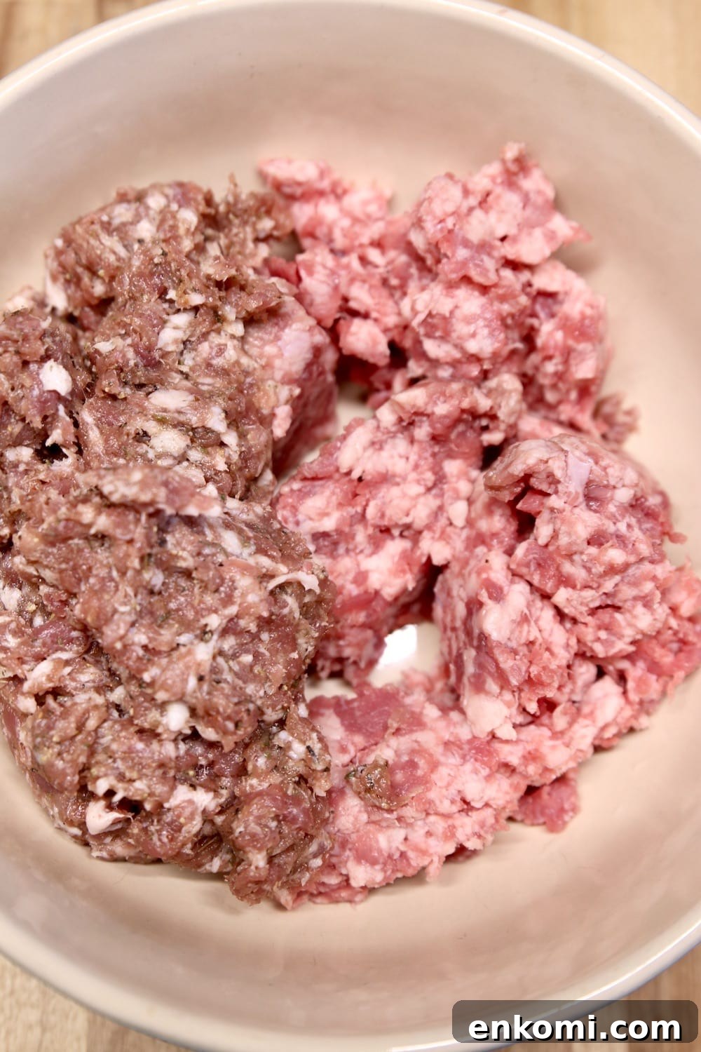 Bowl with ground sausage and ground beef