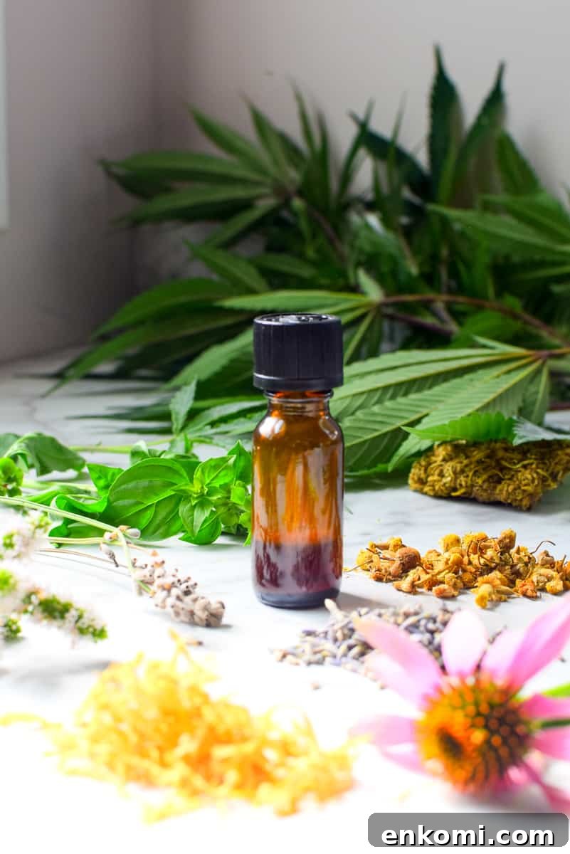 A picture of a tincture bottle and herbs