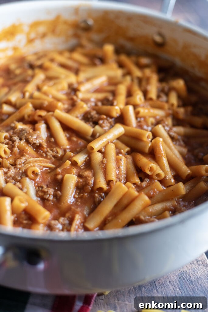Close-up of hearty homemade beefaroni showing ground beef, pasta, and rich tomato sauce