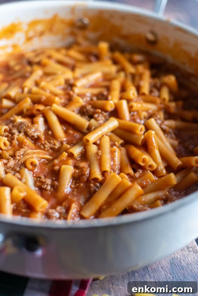 Close-up of hearty homemade beefaroni showing ground beef, pasta, and rich tomato sauce