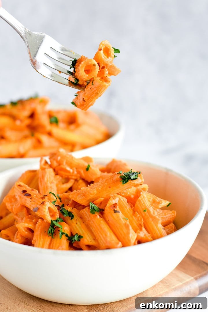 a bowl of pasta in vegan vodka sauce