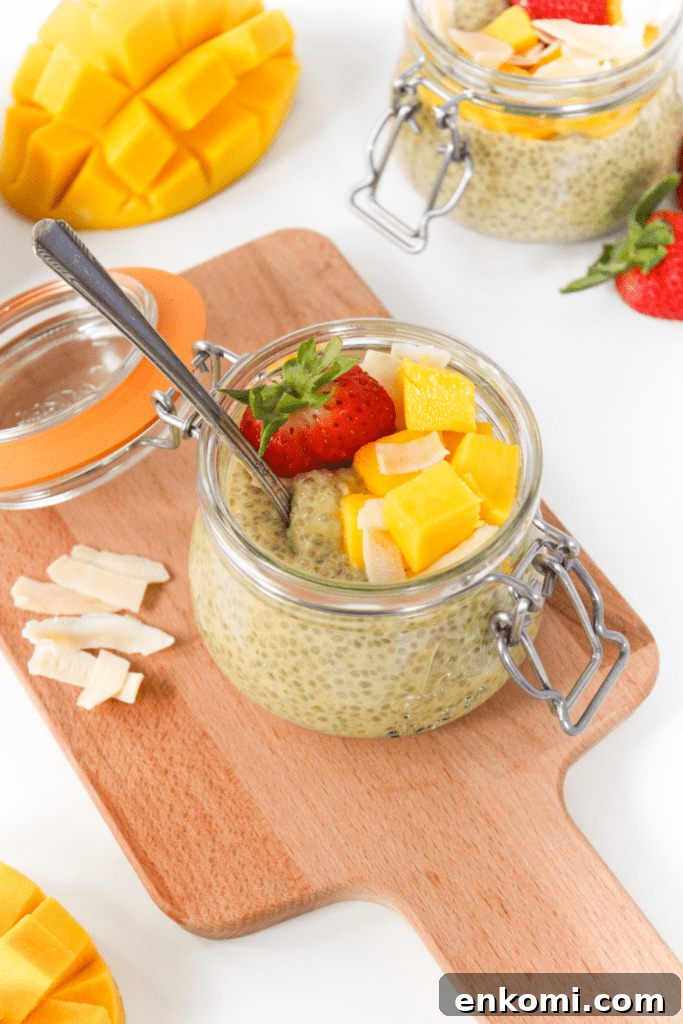 a jar of chia pudding with mango