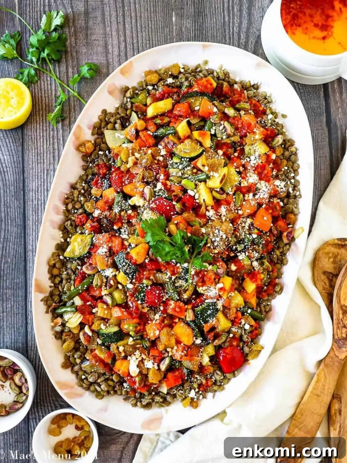 green lentils with roasted veggies and goat cheese