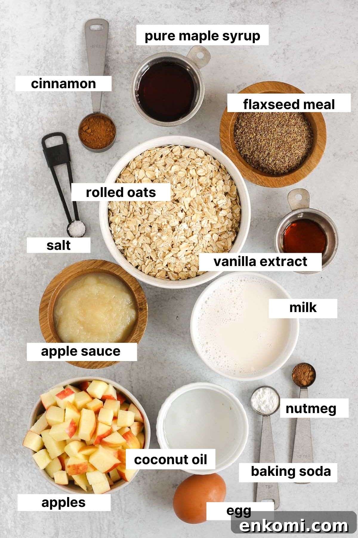 Warm Apple Cinnamon Baked Oatmeal with Crunchy Topping 3 Labeled ingredients for apple cinnamon baked oatmeal.
