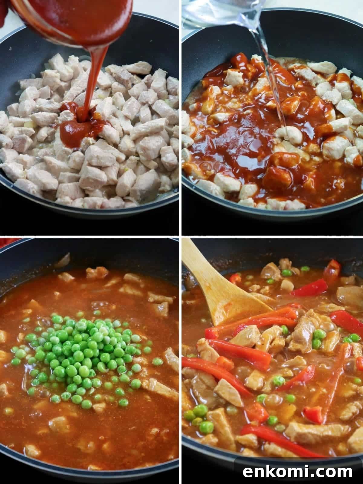 cooking pork guisantes in a pan