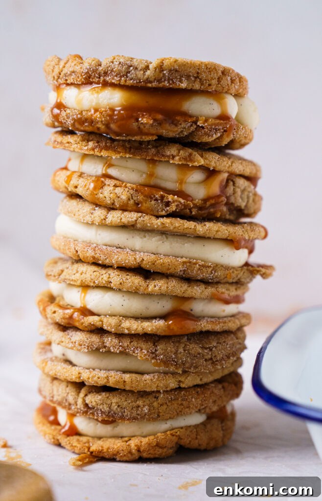 Assembled snickerdoodle caramel cookie sandwiches