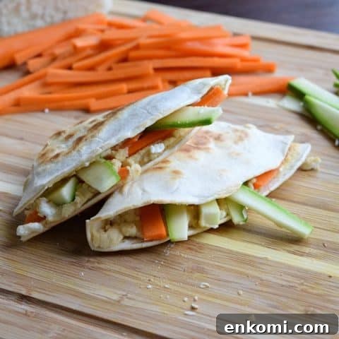 Close up of a Hummus Quesadilla with Feta and Vegetables
