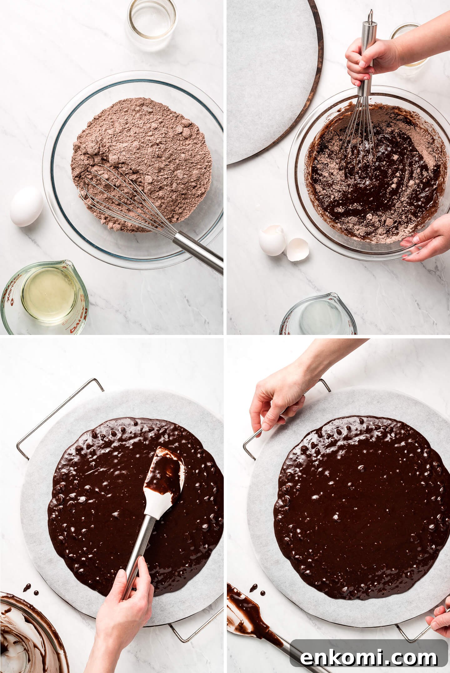Process shots of mixing brownie batter in a glass mixing bowl and then spreading it onto a parchment lined pizza stone.