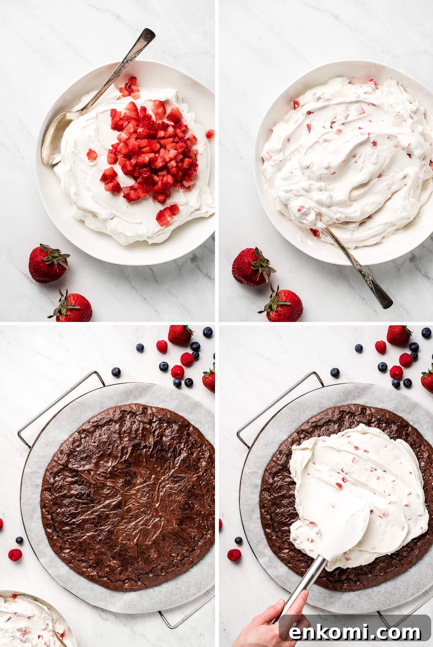 Process shots of mixing strawberries into the whipped cream and cream cheese mixture and then spreading it over the cooked and cooled brownie on the pizza stone.