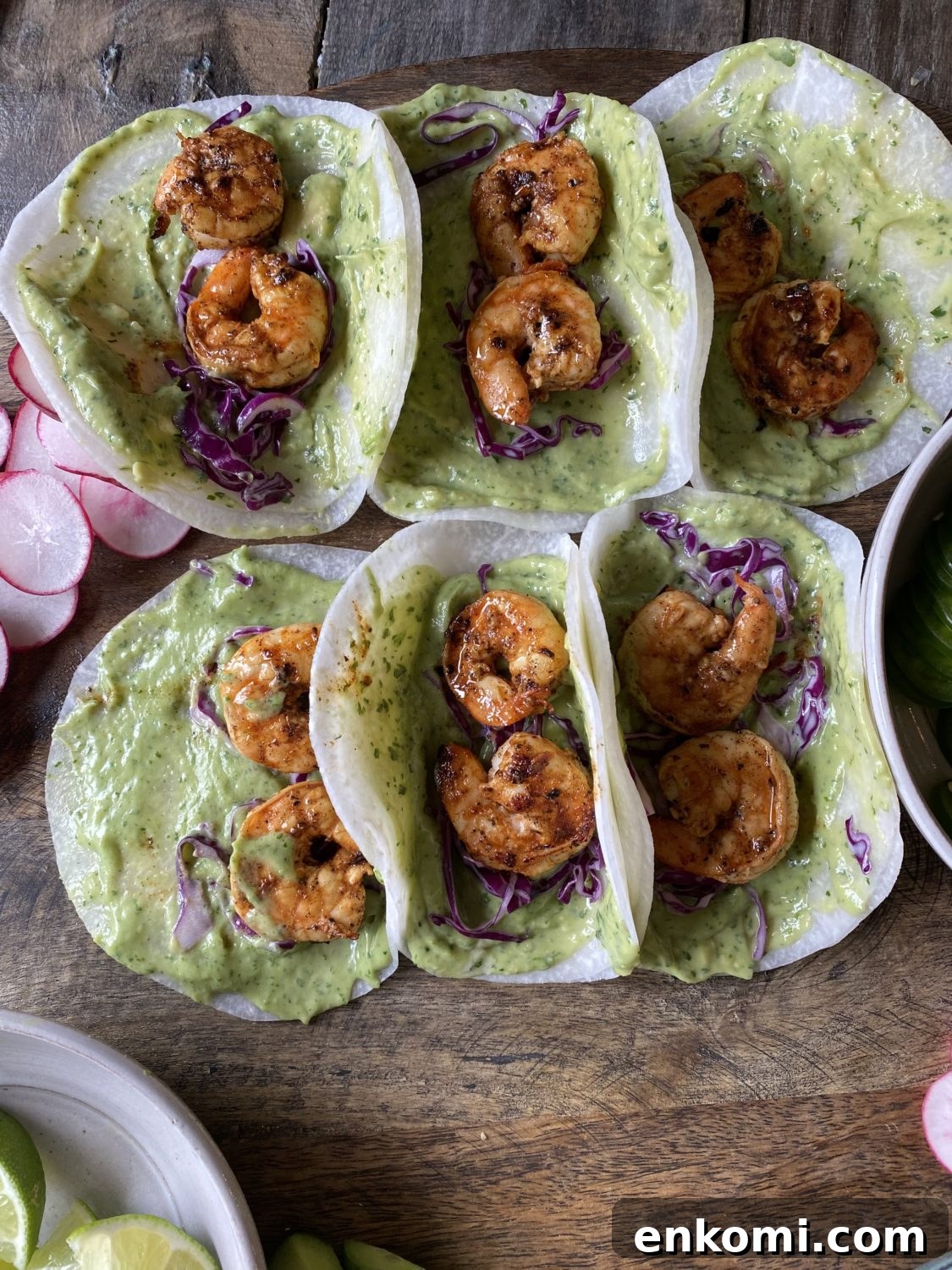 Whole30 Shrimp Tacos with Creamy Avocado Crema 4 six whole30 shrimp tacos