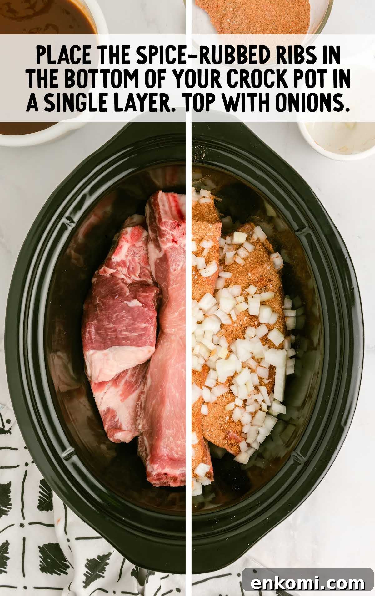 Slow Cooker Country-Style Ribs with Tangy BBQ Sauce 4 ribs seasoned with the spice rub and topped with onions in a slow cooker