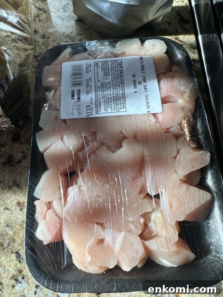 A package of cut up "chop suey" chicken"