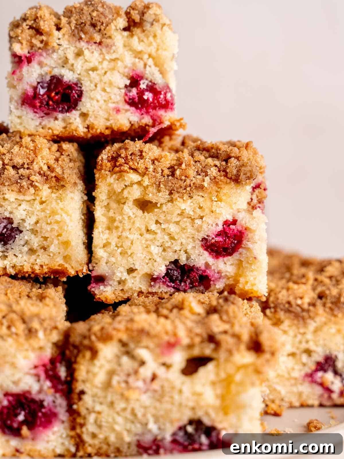 Slices of cranberry coffee cake with streusel topping.