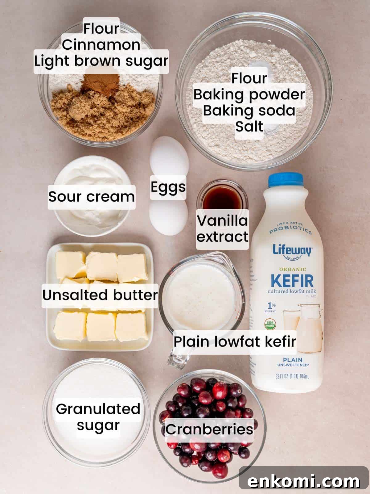 Ingredients needed to make cranberry coffee cake.