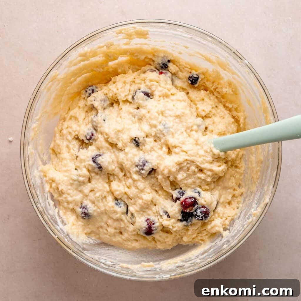 Coffee cake batter with cranberries folded in.