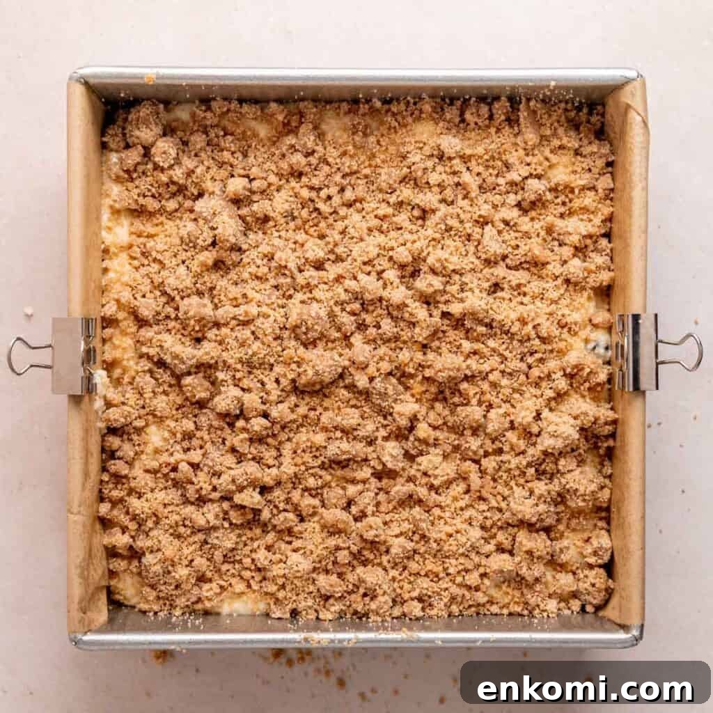 Cranberry cake batter topped with cinnamon streusel in a pan.