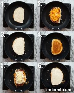 6 step by step photos showing how to make double decker grilled cheese