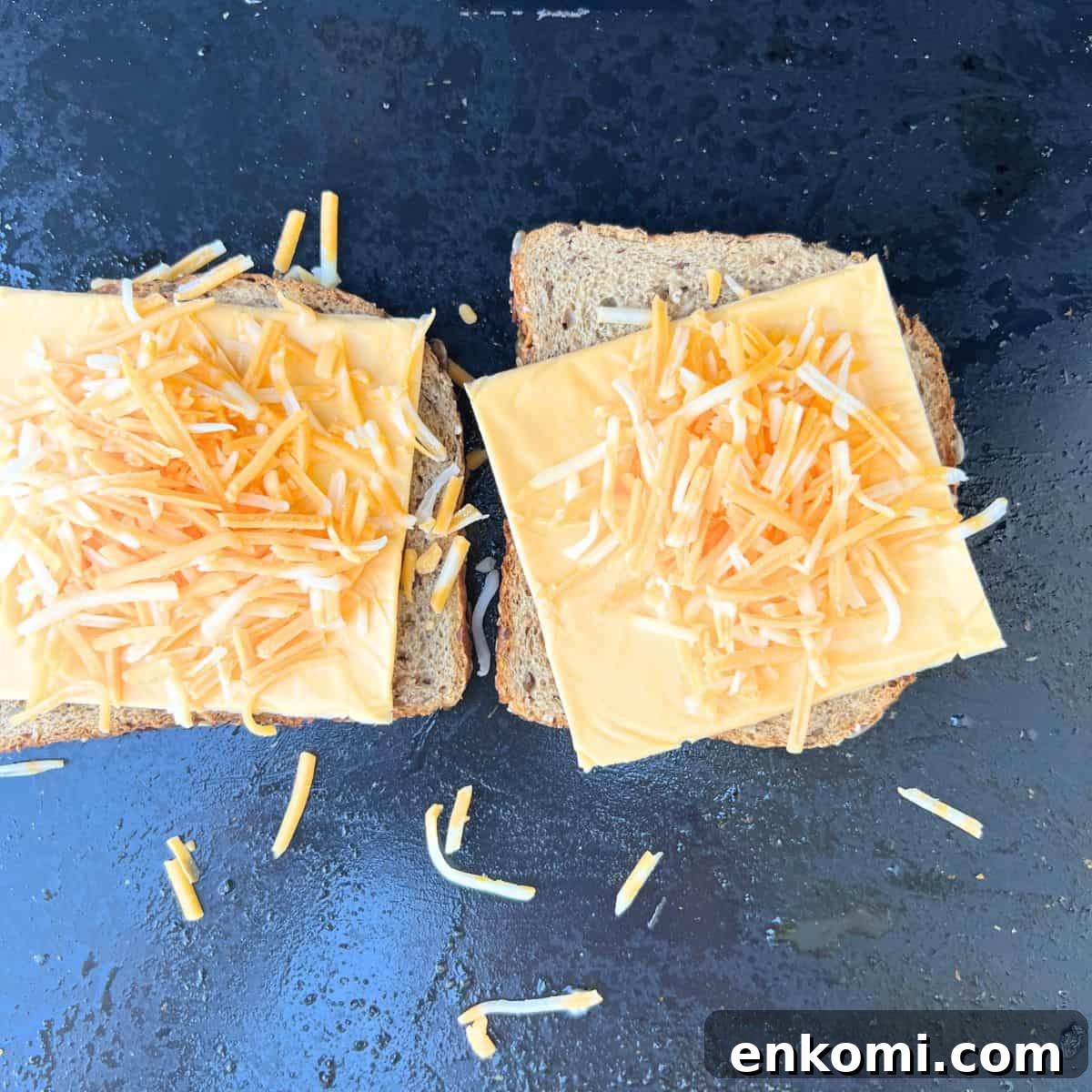 Blackstone grilled cheese on a griddle.