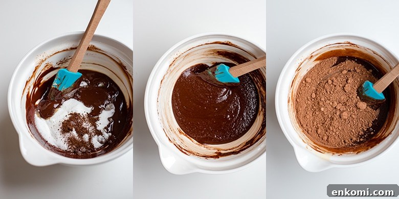 Decadent Flourless Chocolate Cake Recipe 3 Bowls of batter for the perfect flourless chocolate cake.