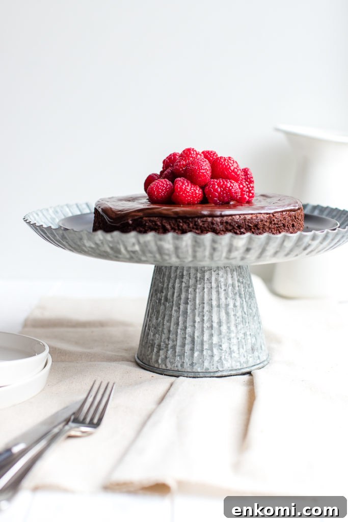 Decadent Flourless Chocolate Cake Recipe 4 A perfect flourless chocolate cake presented on a pretty galvanized cake stand, topped with fresh raspberries.