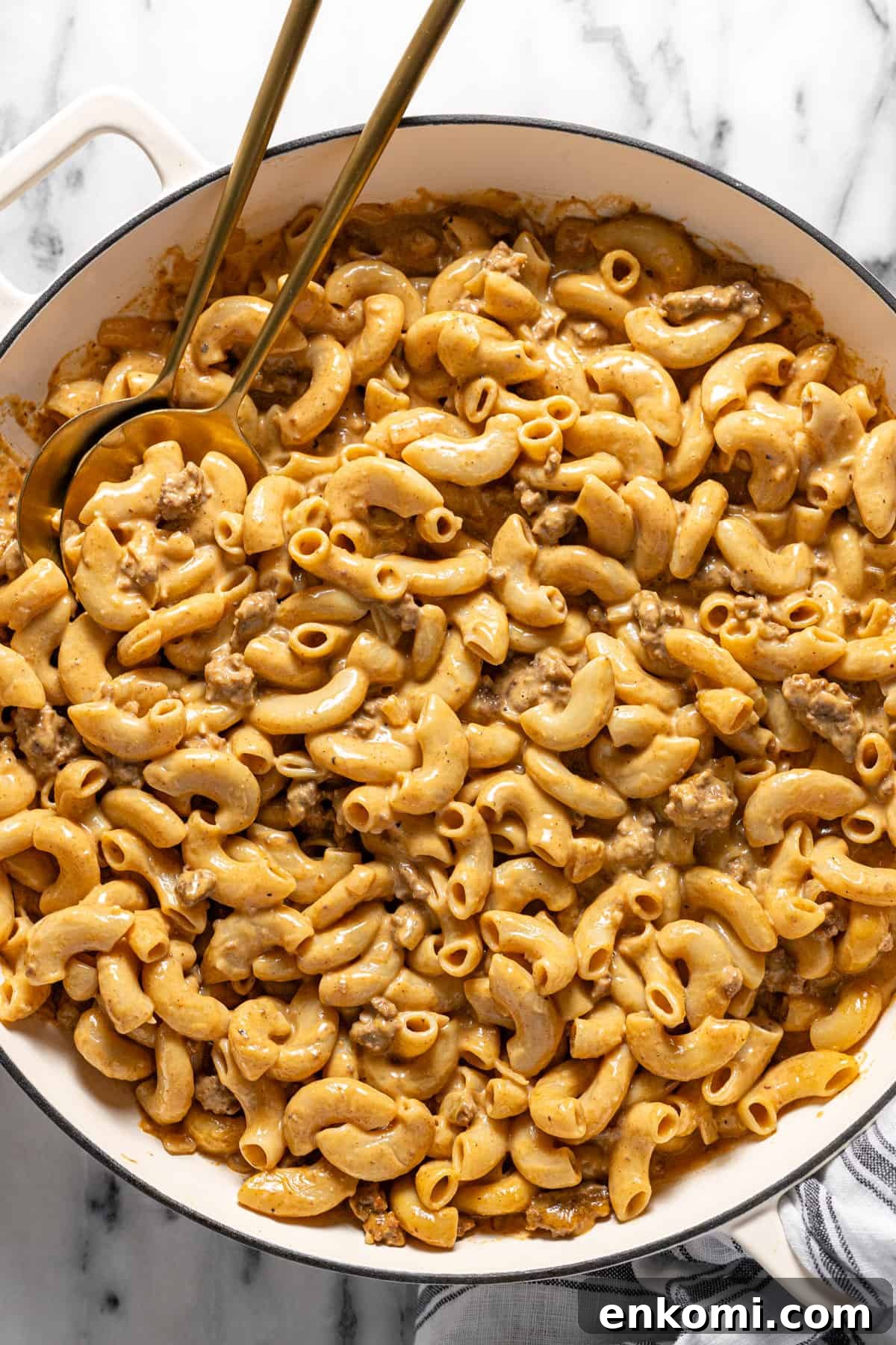 Large pot filled with homemade hamburger helper.