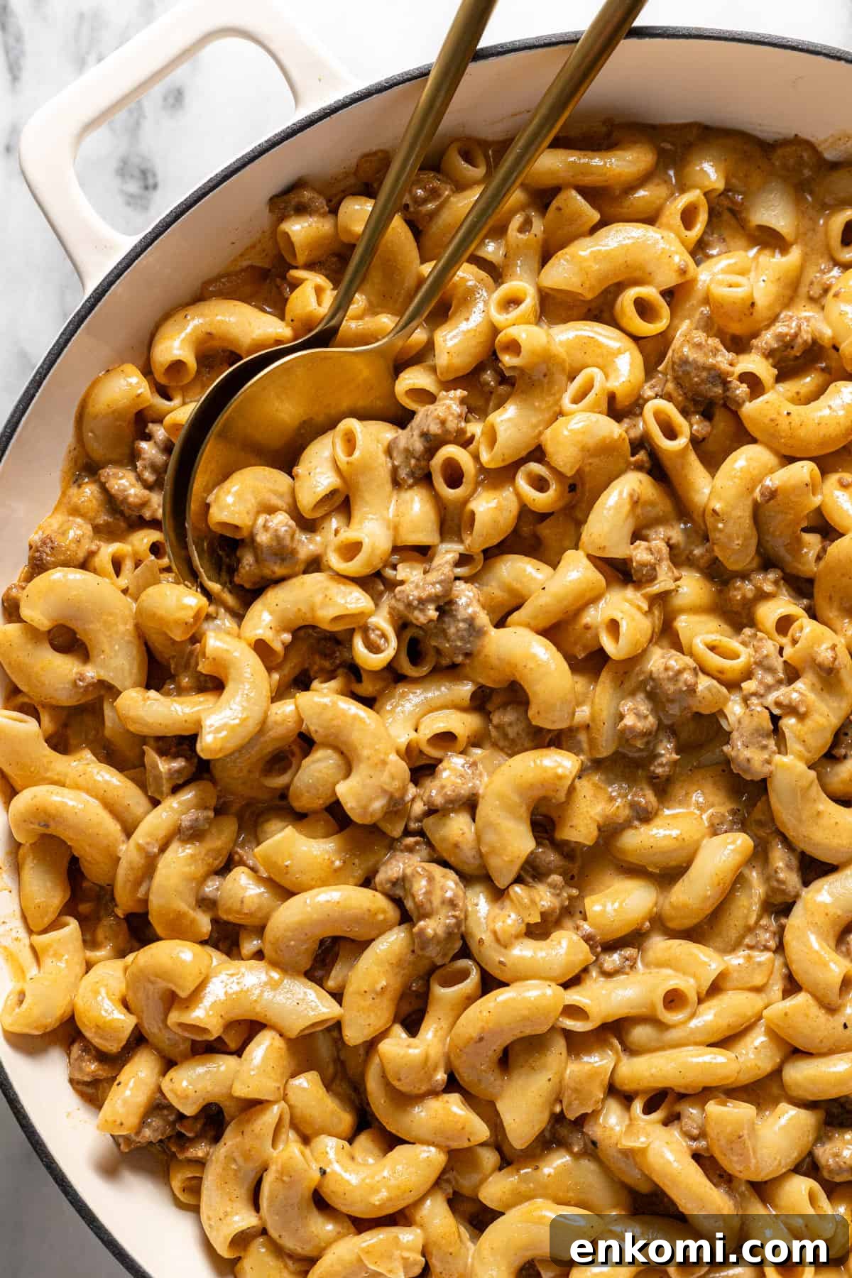 Close up shot of a pan of homemade hamburger helper in a large pan.