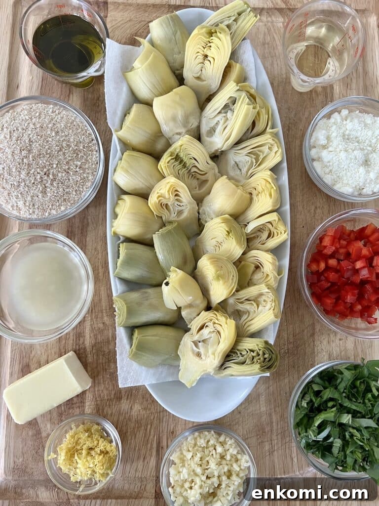 Oven-Roasted Italian Artichoke Hearts with Lemon Breadcrumbs 6 Prepped ingredients for Italian artichoke hearts.