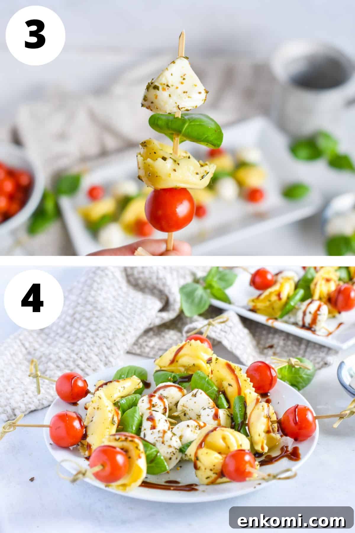Caprese Tortellini Skewers with Cherry Tomatoes and Basil 5 Assembled tortellini caprese skewers ready to serve