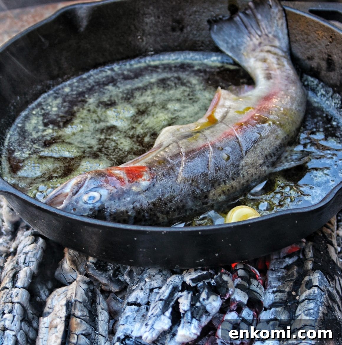 Trout in a Cast-Iron Skillet with Lemon and Herbs 2 cast iron trout cooking