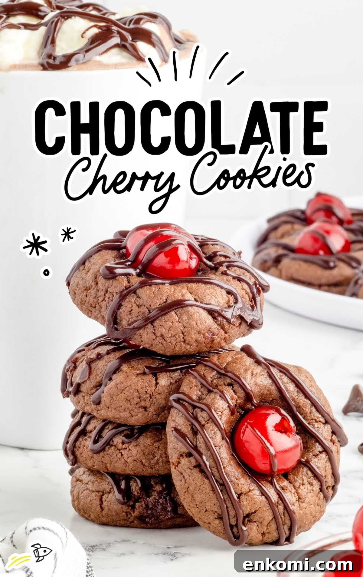 a close up shot of Chocolate Cherry Cookies stacked on top of each other